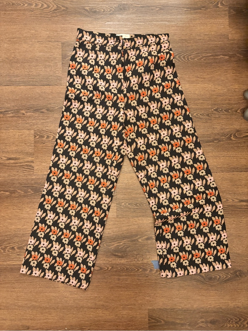 FloLove Paris Floral Wide-Leg Women’s Pants in Black with Pink & Orange Flowers